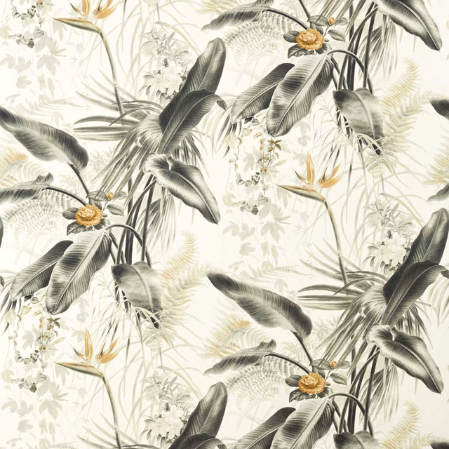 Ivory botanical fabric with charcoal banana leaves, sage foliage and ochre flowers