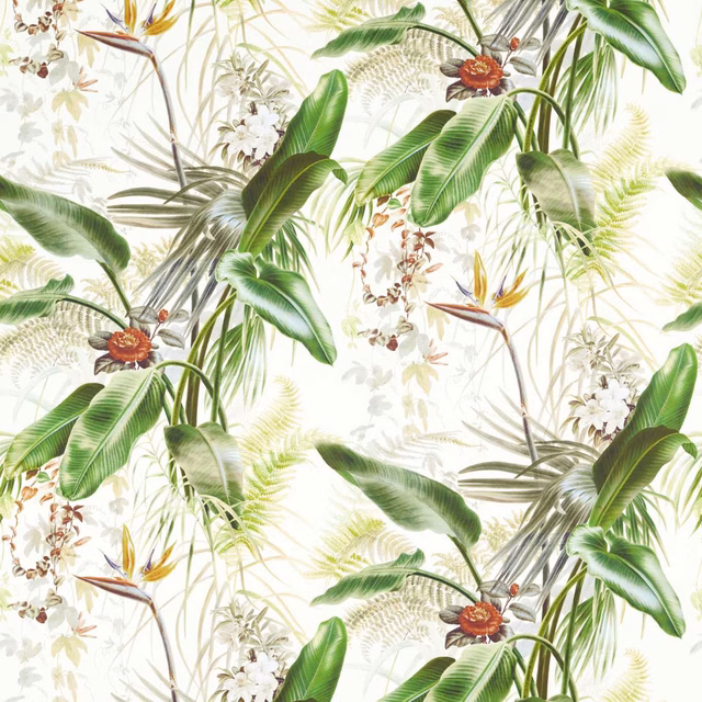 Evergreen tropical leaves, pale ferns and rust-centred flowers on an ivory ground