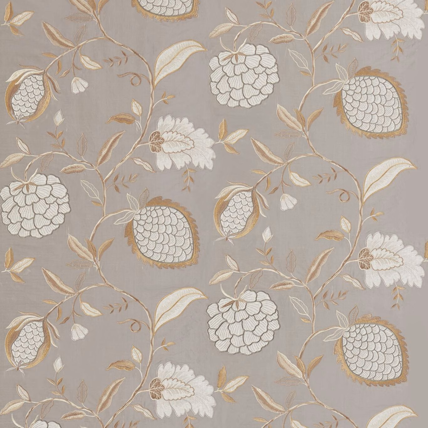 Cool platinum-grey fabric with ivory flowers, pale gold pomegranates and curling stems