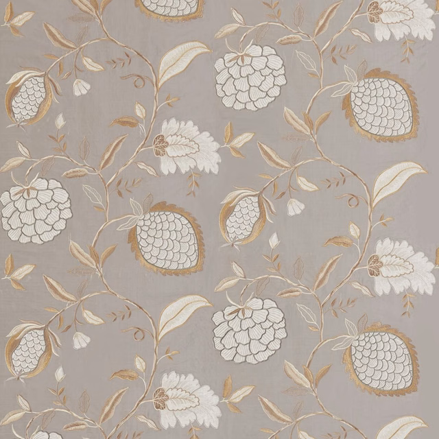 Cool platinum-grey fabric with ivory flowers, pale gold pomegranates and curling stems