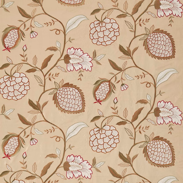 Warm beige Sienna fabric with pomegranates, curling stems and burgundy-edged cream flowers