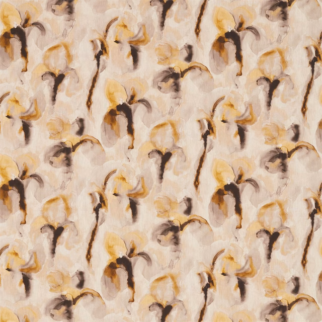 Cream fabric with painterly gold and charcoal iris-like motifs in a soft textured weave