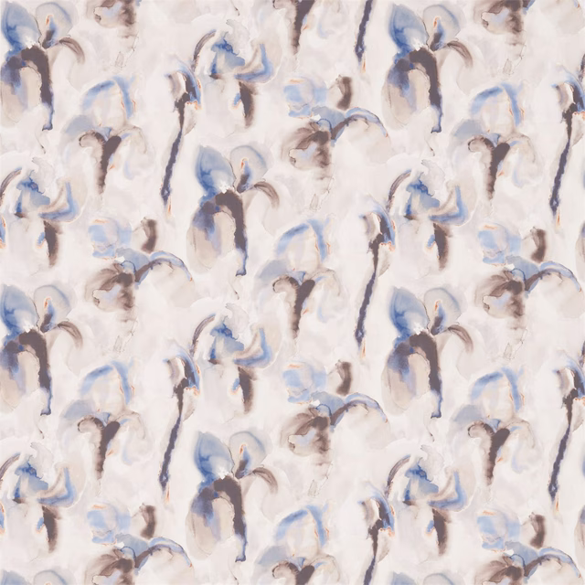 Painterly blue and charcoal iris blooms on an ivory woven fabric ground