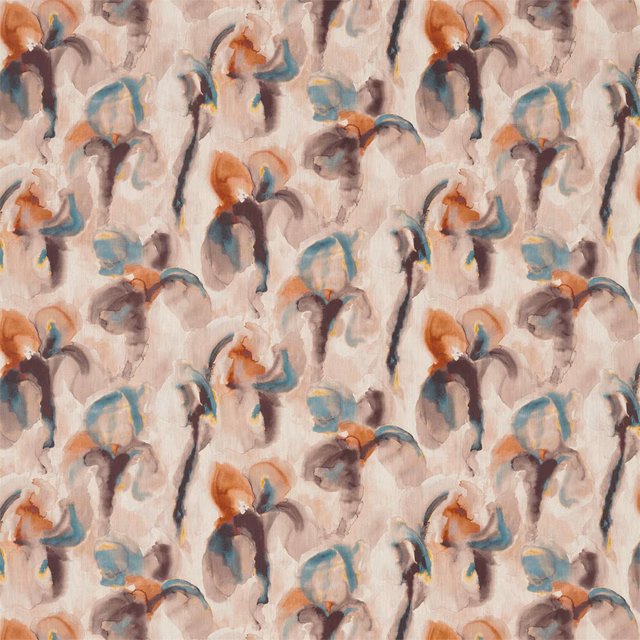 Ivory textile with peacock blue-green, copper and charcoal painterly brush motifs