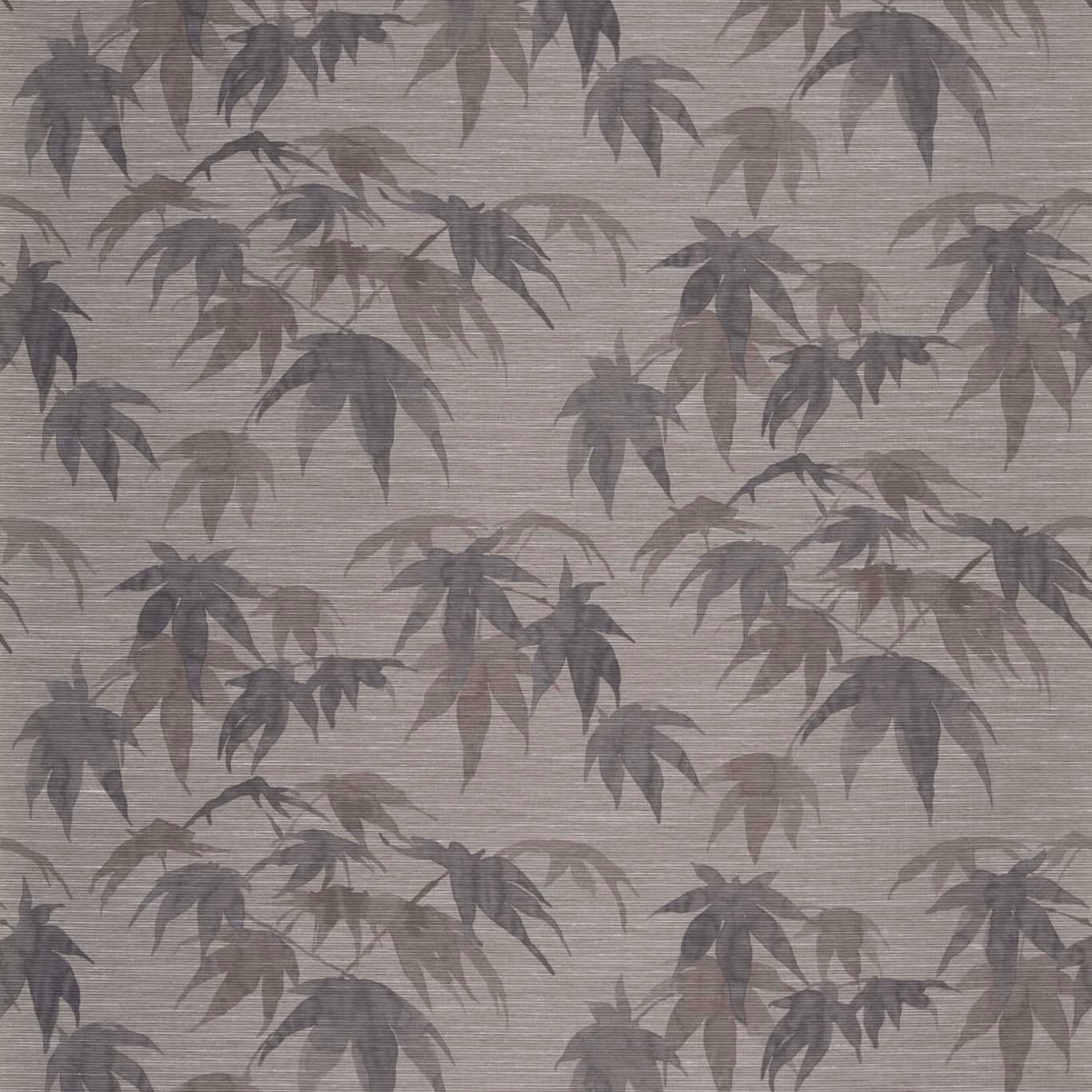 Ash grey wallpaper with layered pewter and taupe botanical leaves