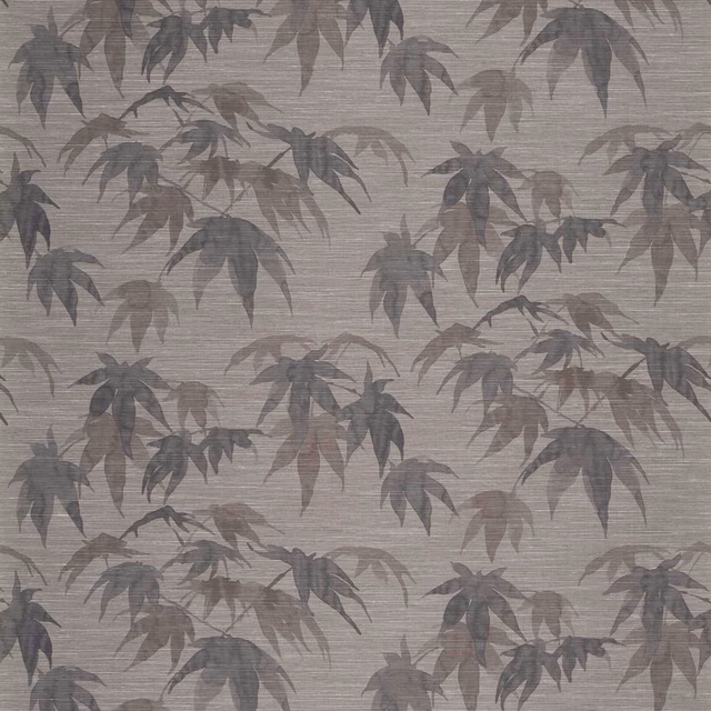 Ash grey wallpaper with layered pewter and taupe botanical leaves