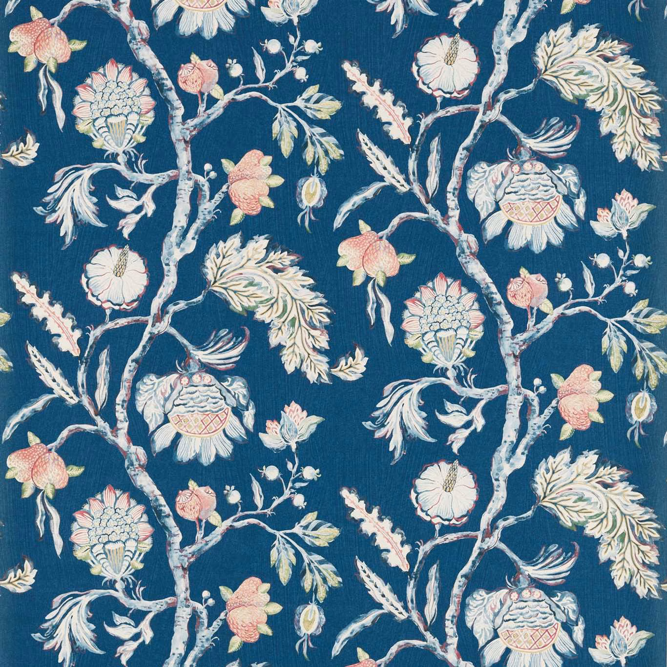 Deep blue-teal wallpaper with pink blossoms, ivory flowers and curling pale branches