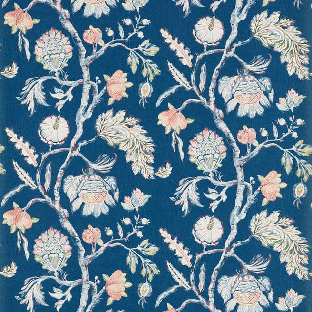 Deep blue-teal wallpaper with pink blossoms, ivory flowers and curling pale branches