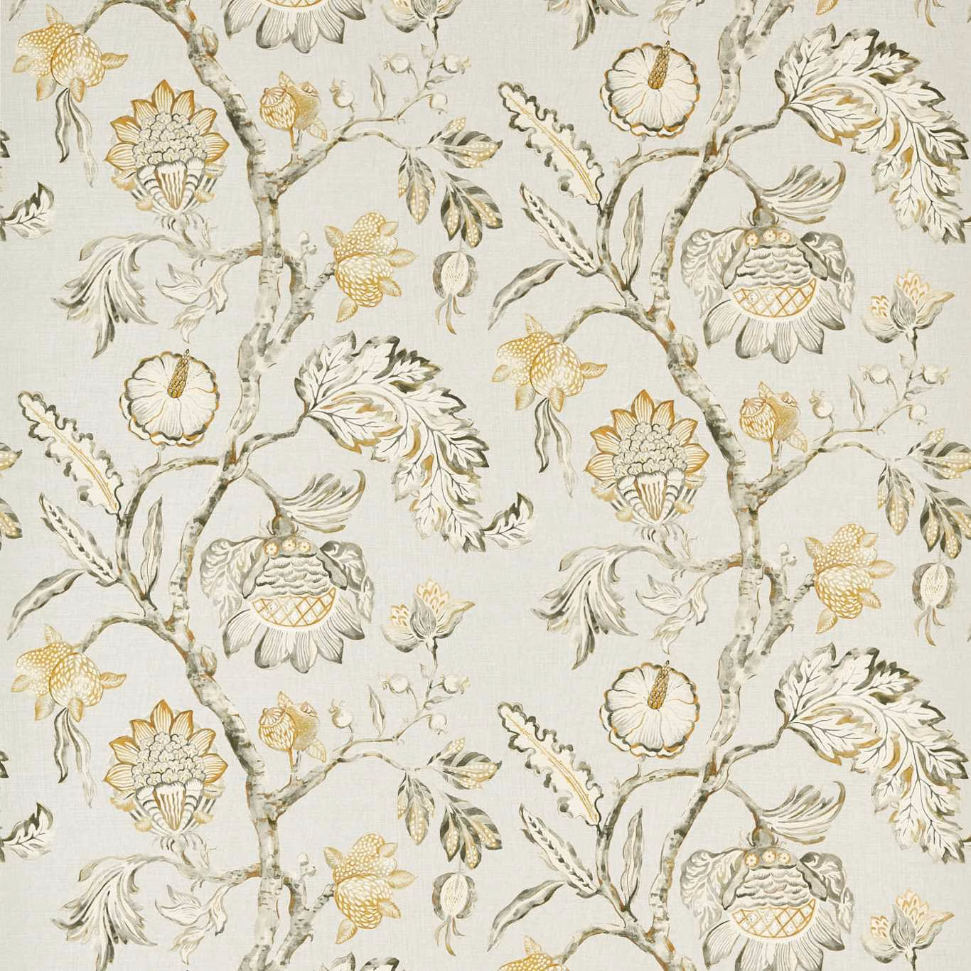 Pale quartz grey wallpaper with ochre flowers and curling sage botanical branches