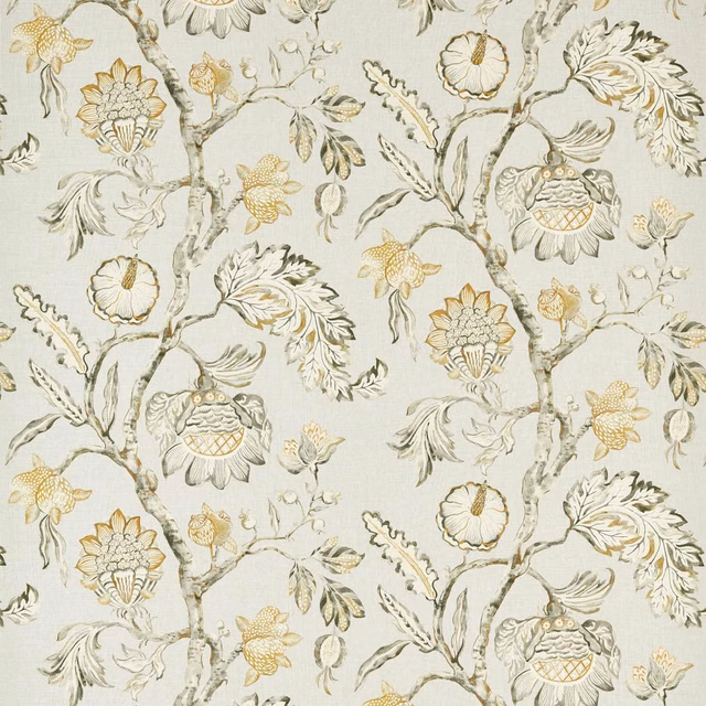 Pale quartz grey wallpaper with ochre flowers and curling sage botanical branches