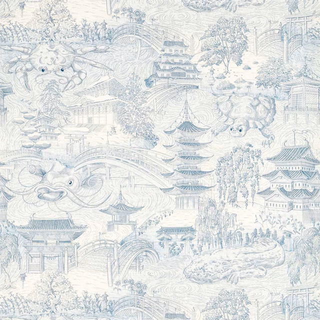 Pale ivory wallpaper with cool indigo pagodas, bridges, elephants and rippling landscapes