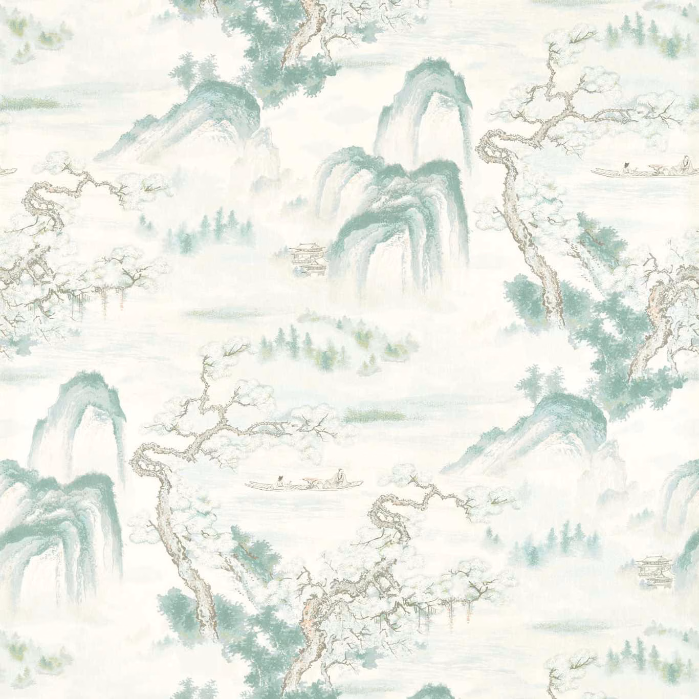Pale mineral-green wallpaper with misty mountains, winding trees, boats and distant Chinese landscape details