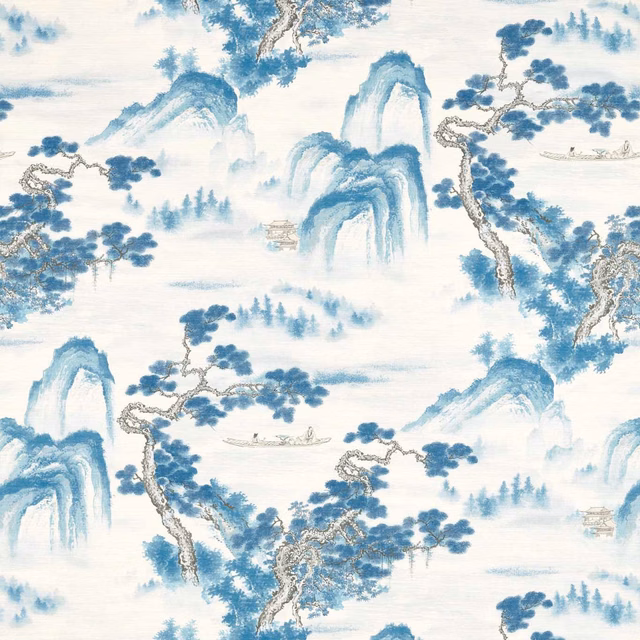 Cool indigo landscape wallpaper with misty mountains, waterfalls, pine trees and ivory ground