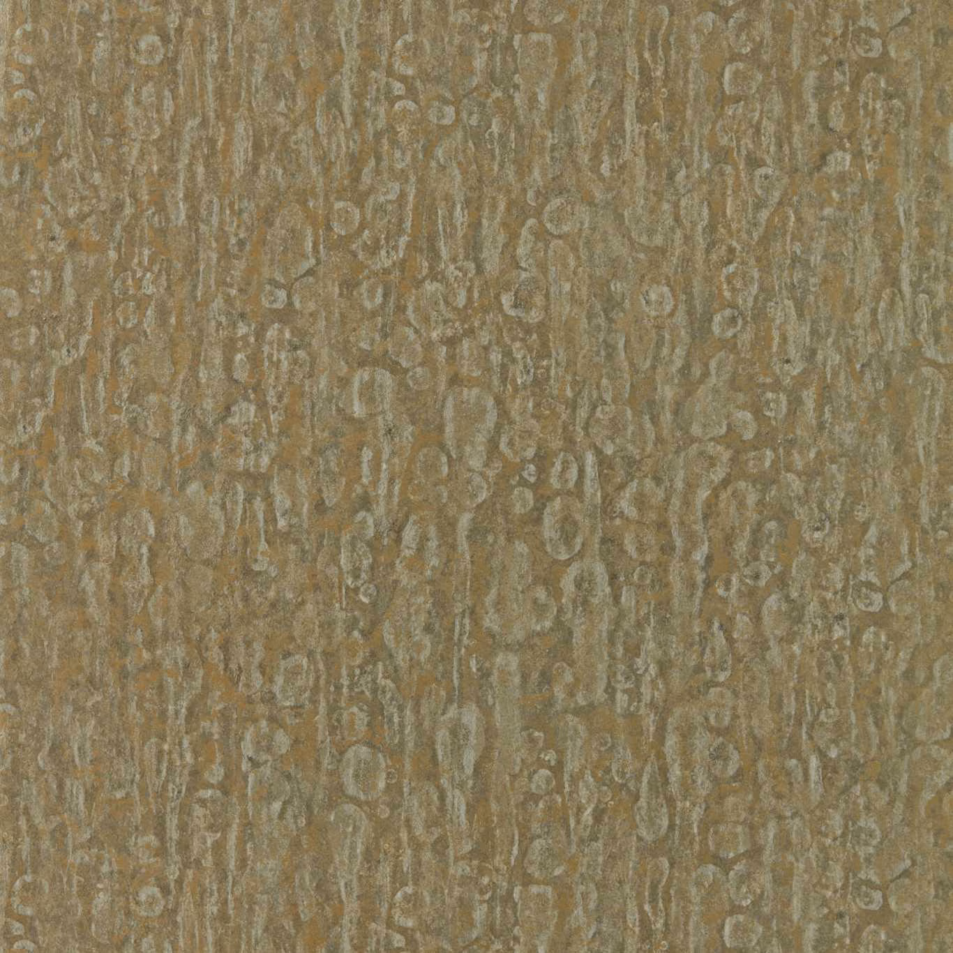 Antique bronze-brown wallpaper with pale taupe scrolls and vertical mottled striation