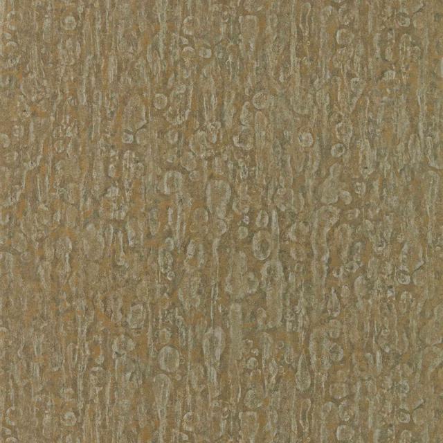 Antique bronze-brown wallpaper with pale taupe scrolls and vertical mottled striation