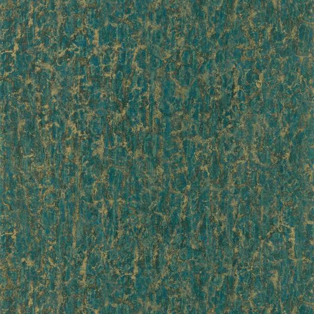 Deep teal green wallpaper with distressed antique-gold Moresque pattern and vertical striations