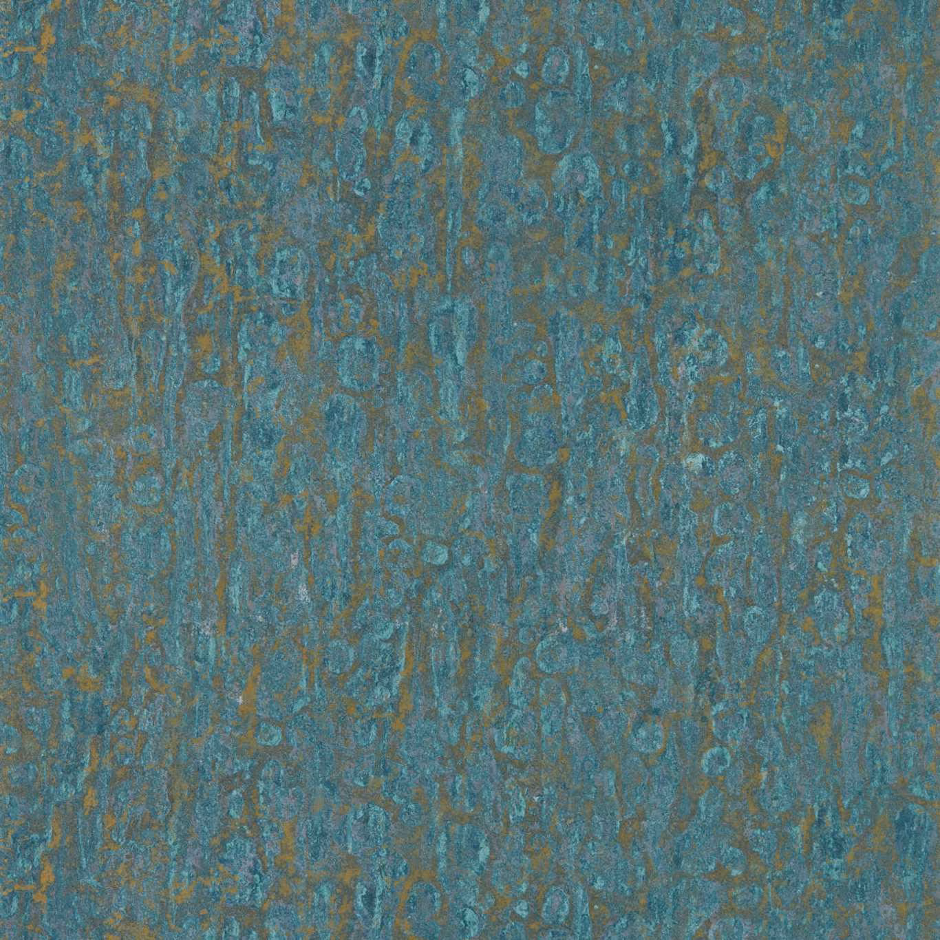 Close view of teal-blue wallpaper with bronze distressed vertical ornamental pattern