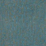 Close view of teal-blue wallpaper with bronze distressed vertical ornamental pattern