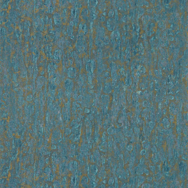 Close view of teal-blue wallpaper with bronze distressed vertical ornamental pattern