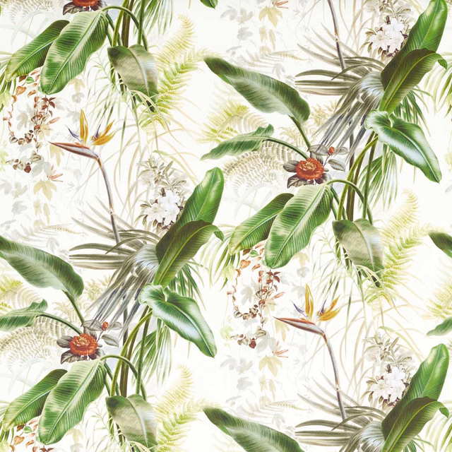 Evergreen tropical wallpaper with deep green leaves, pale ferns and red-orange flowers