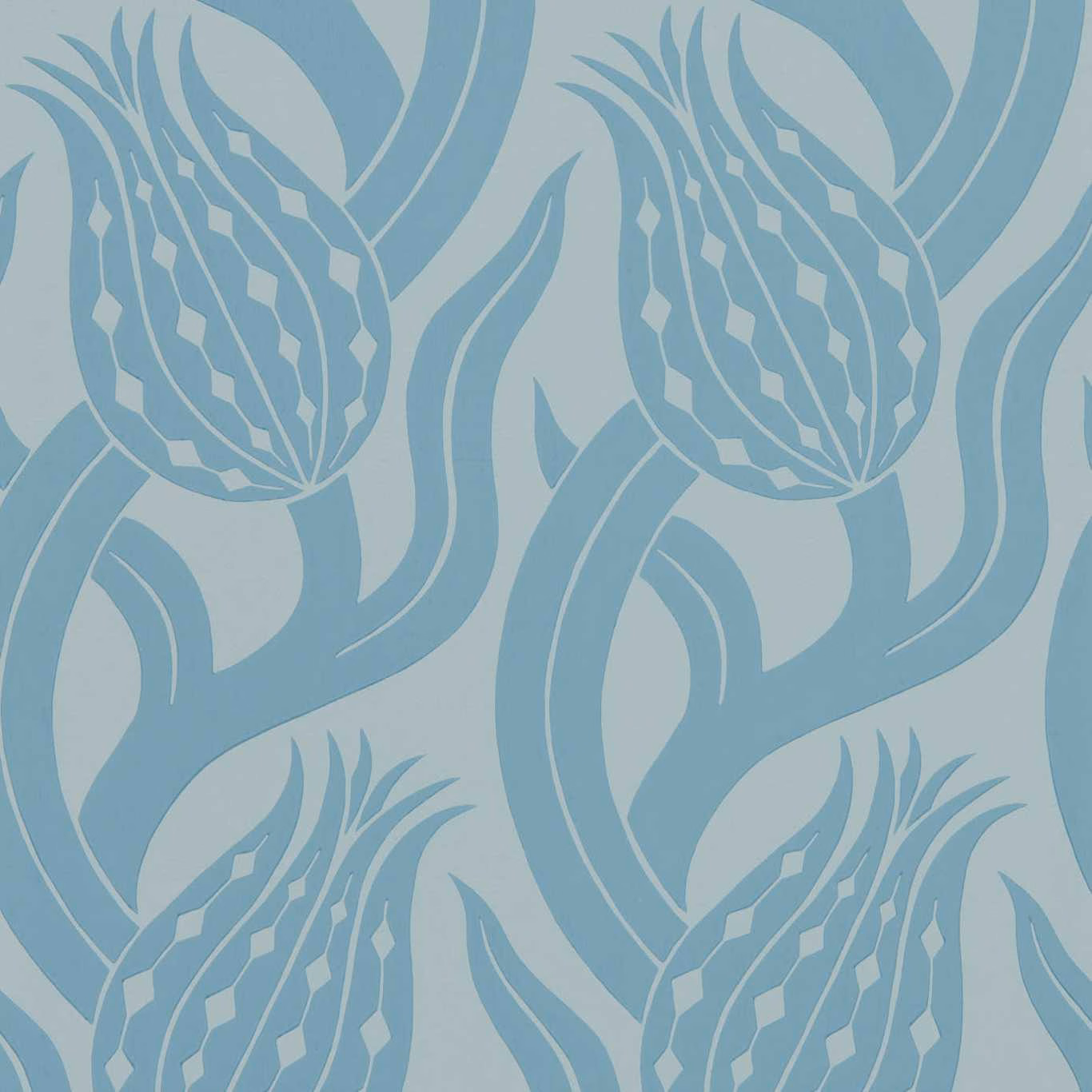 Muted blue stone wallpaper with large stylised tulips and curling leafy stems