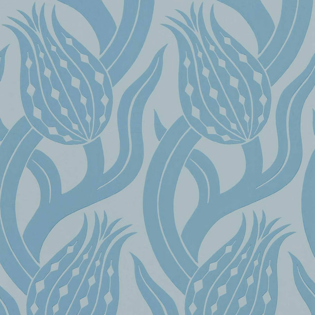 Muted blue stone wallpaper with large stylised tulips and curling leafy stems