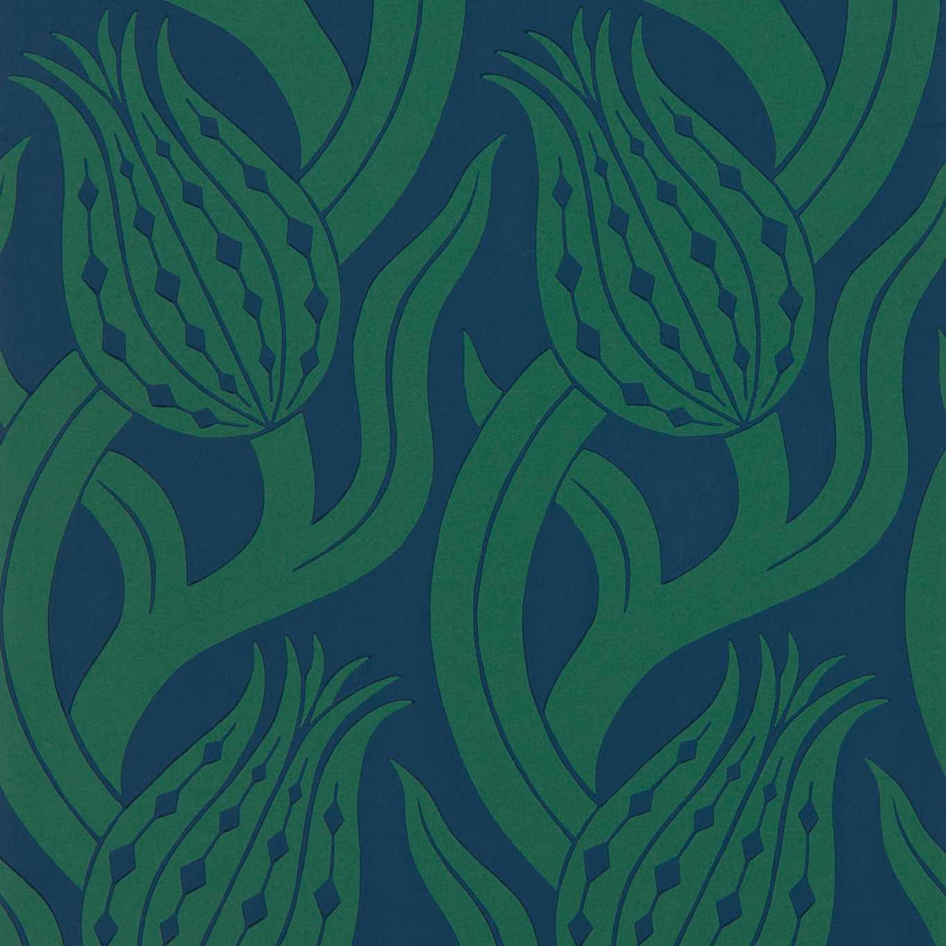 Deep teal wallpaper with oversized leaf-green tulip heads and sweeping foliage