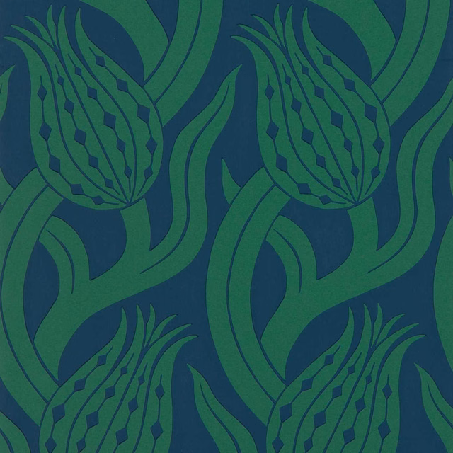 Deep teal wallpaper with oversized leaf-green tulip heads and sweeping foliage