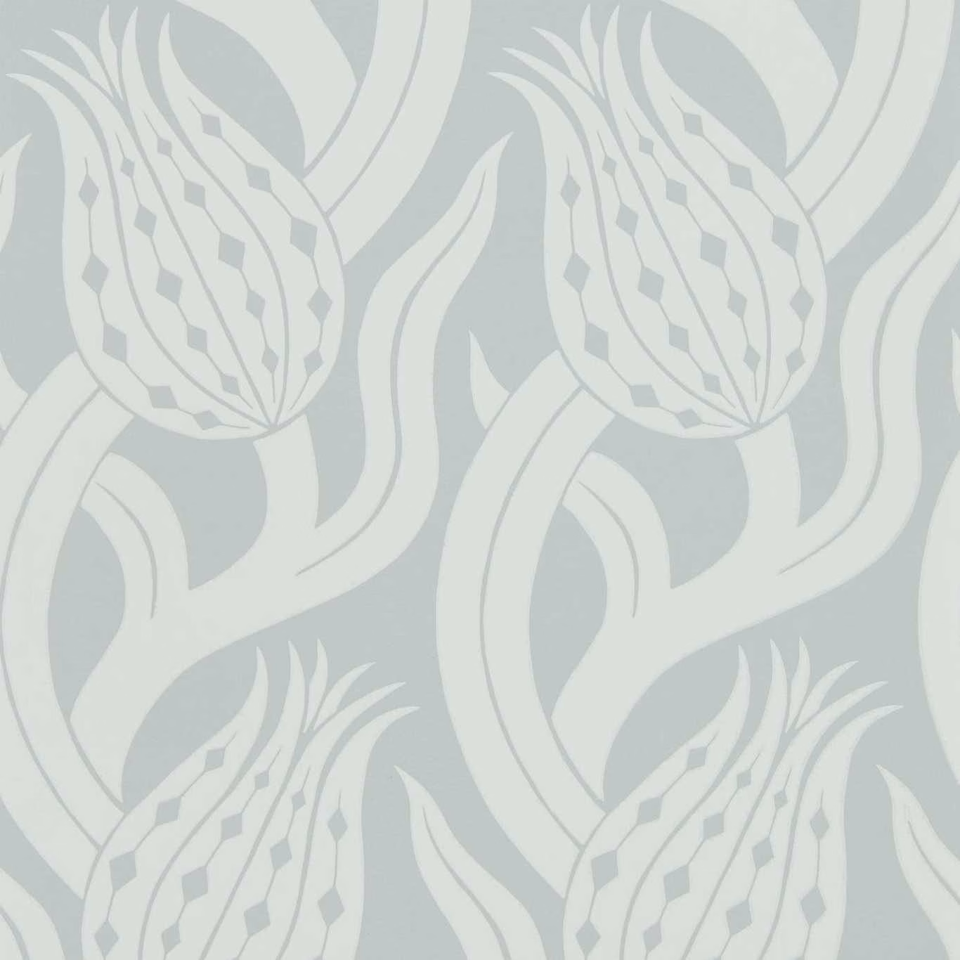 Quartz grey wallpaper with large ivory tulips, curling leaves and diamond petal details