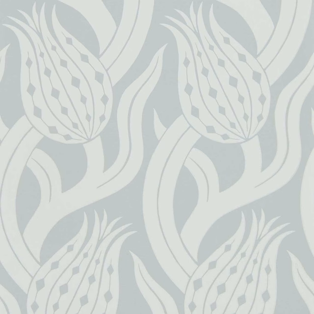 Quartz grey wallpaper with large ivory tulips, curling leaves and diamond petal details