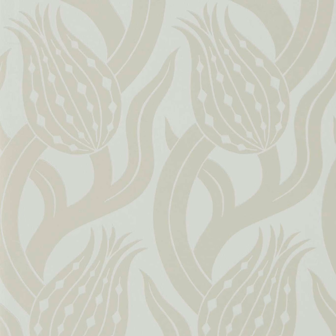 Pale silver-grey wallpaper with sweeping tulip stems and stylised floral heads