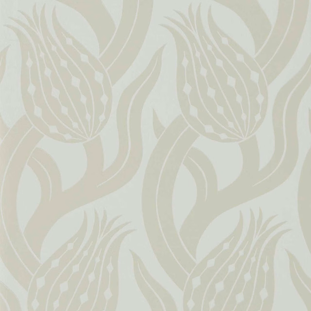 Pale silver-grey wallpaper with sweeping tulip stems and stylised floral heads
