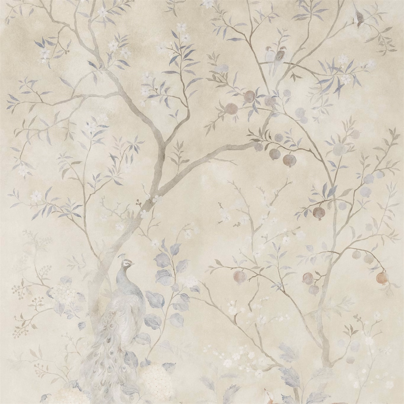Pale ivory wallpaper with blue-grey branches, fruit and a peacock motif