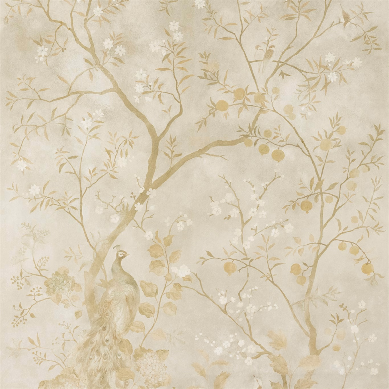 Muted old-gold branches, ivory blossoms, fruit and a peacock on a pale ground
