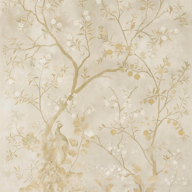 Muted old-gold branches, ivory blossoms, fruit and a peacock on a pale ground
