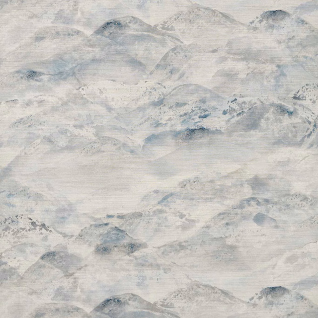 Pale indigo wallpaper with misty blue-grey mountain forms and softly striated texture