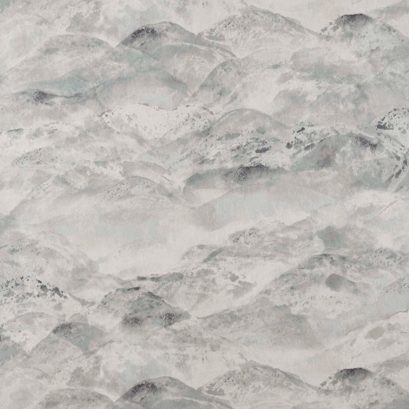 Pale icy blue-grey wallpaper showing layered misty peaks in a painterly wash