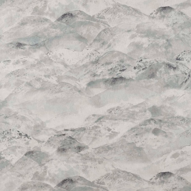 Pale icy blue-grey wallpaper showing layered misty peaks in a painterly wash