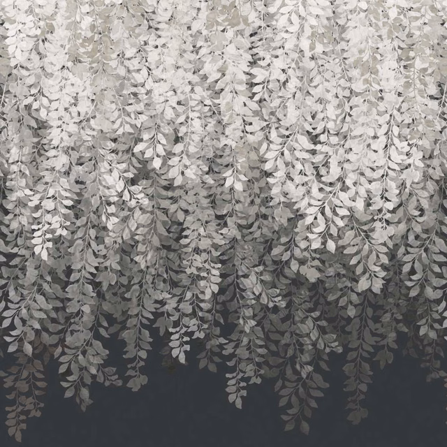 Silver-grey cascading vine leaves over a deep charcoal-black wallpaper ground