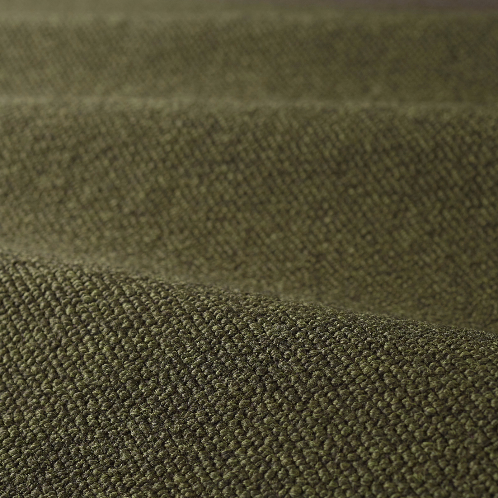Deep moss olive bouclé fabric showing dense rounded loops and tactile folded texture