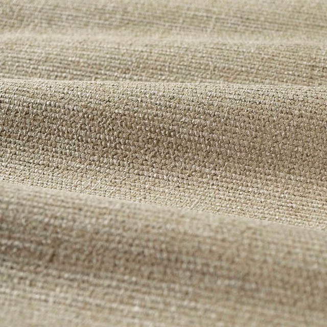 Close-up of pale stone chenille with warm taupe flecks and raised woven texture