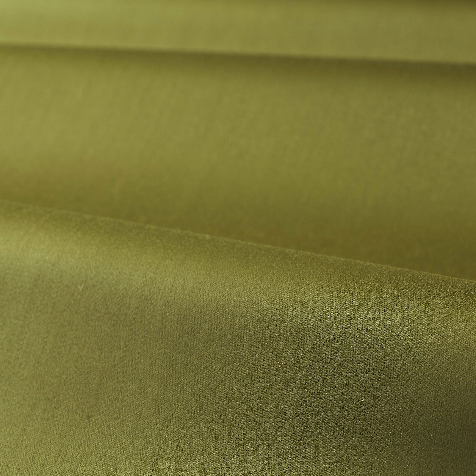 Muted olive green satin fabric folded to show smooth sheen and fine woven texture