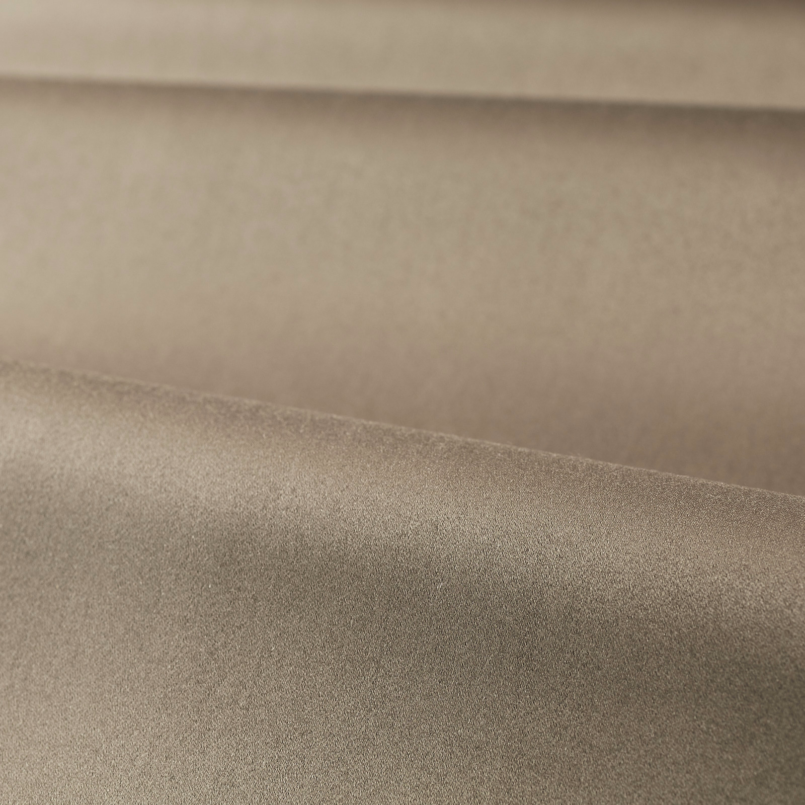 Muted taupe satin fabric with a smooth softly shimmering surface and folded swatch layers