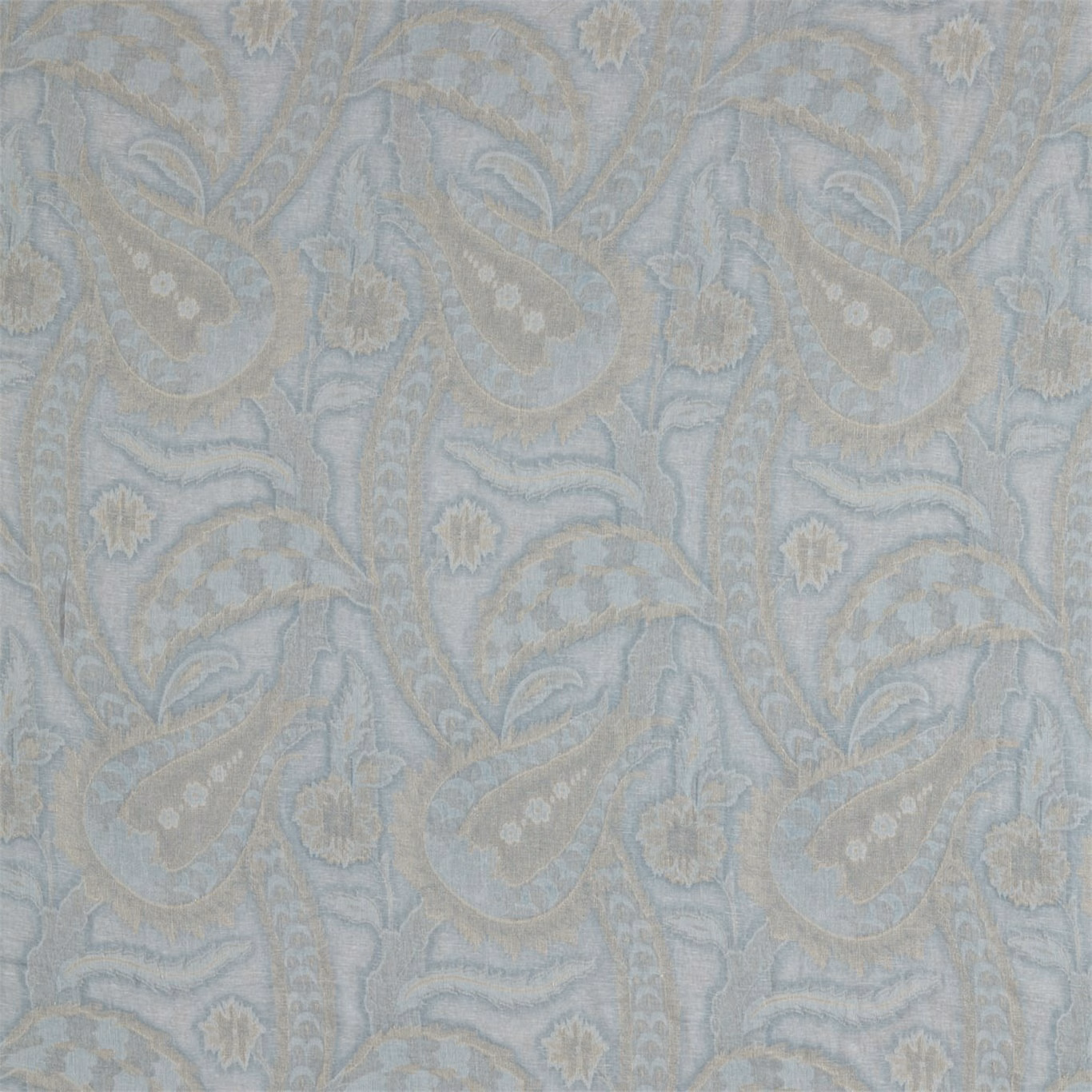 Pale blue-grey woven paisley with muted taupe trails and cream floral accents