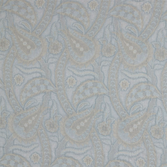 Pale blue-grey woven paisley with muted taupe trails and cream floral accents