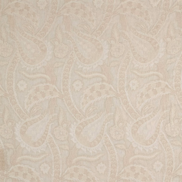Pale cream-beige paisley fabric with softly textured scrolling motifs