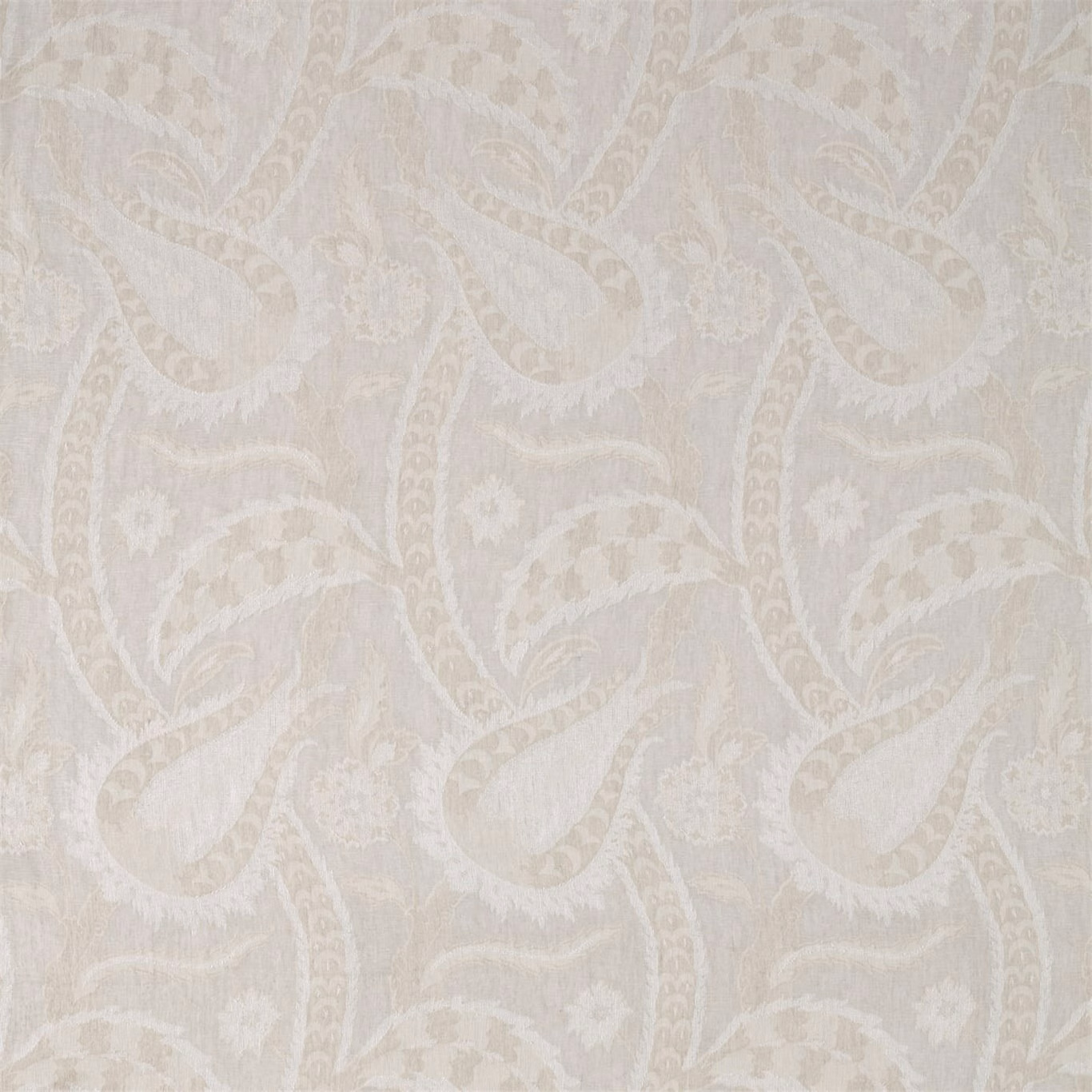 Pale ivory damask with softly raised paisley and floral motifs in a low-contrast weave