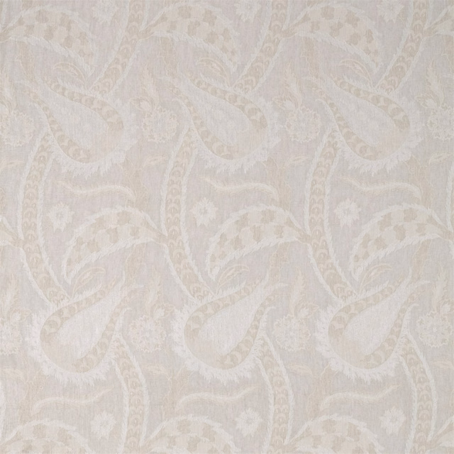Pale ivory damask with softly raised paisley and floral motifs in a low-contrast weave