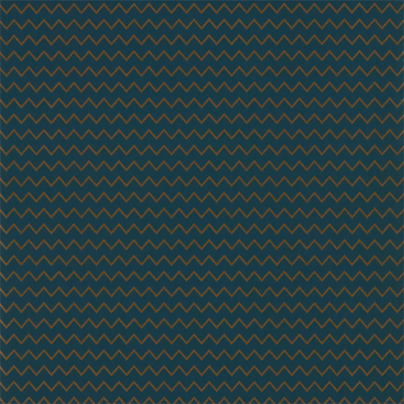 Deep Prussian blue wallpaper with fine ochre zigzag lines in a repeating geometric pattern