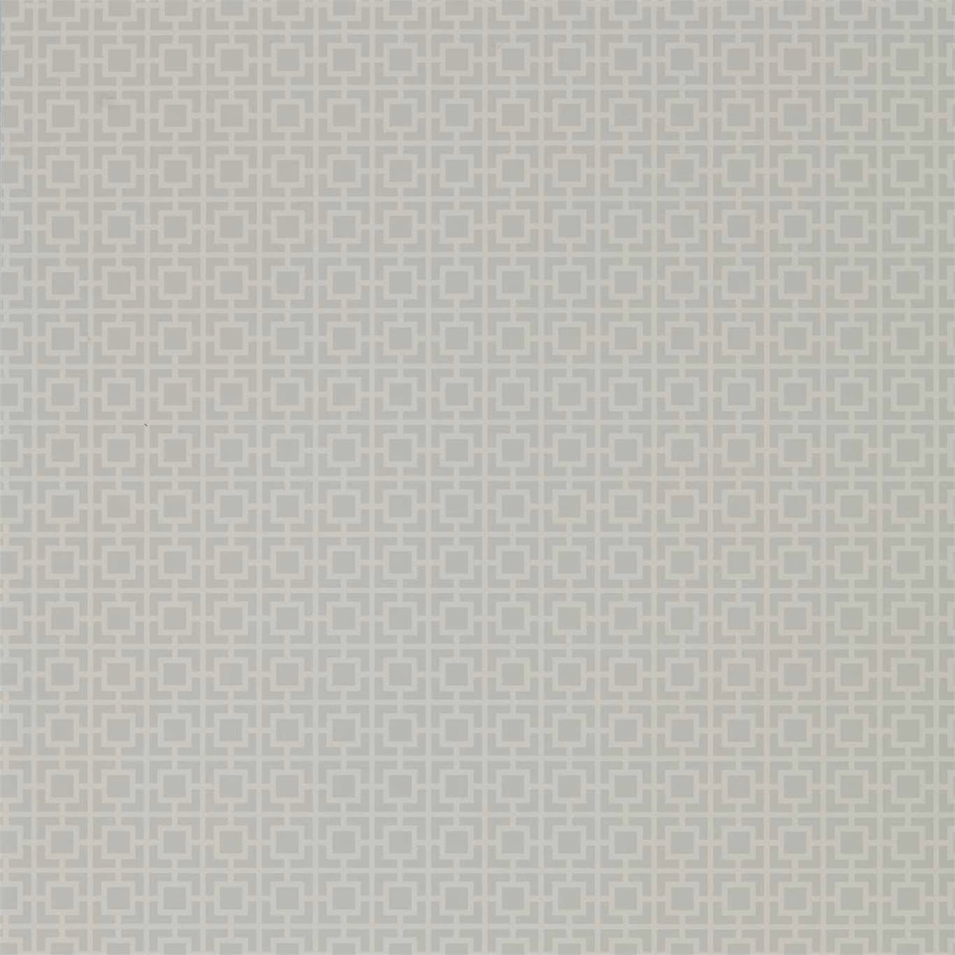 Soft stone-grey wallpaper with a small interlocking geometric lattice in warm ivory